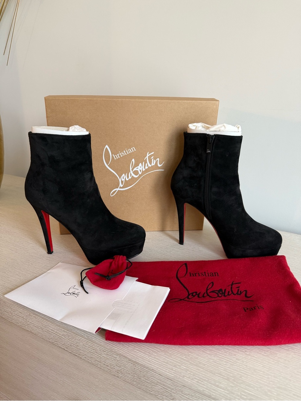 Christian Louboutin Bianca Booty Black Suede Platform Ankle Boots - New!